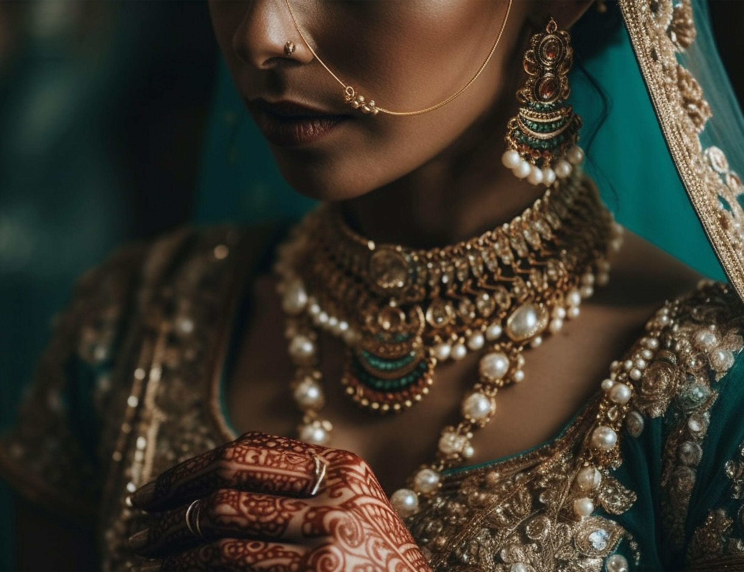 Full bridal accessories including necklace, ring, varmala, and anklets